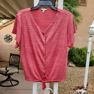 Weatherproof Women's Large Button-Front Tie Hem Top in Heathered Coral